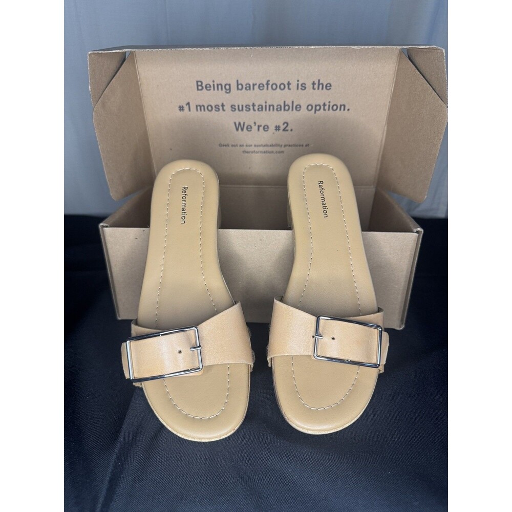 Reformation Women’s Beige Buckle Slip-On Slide Sandals Platform Casual size 7.5